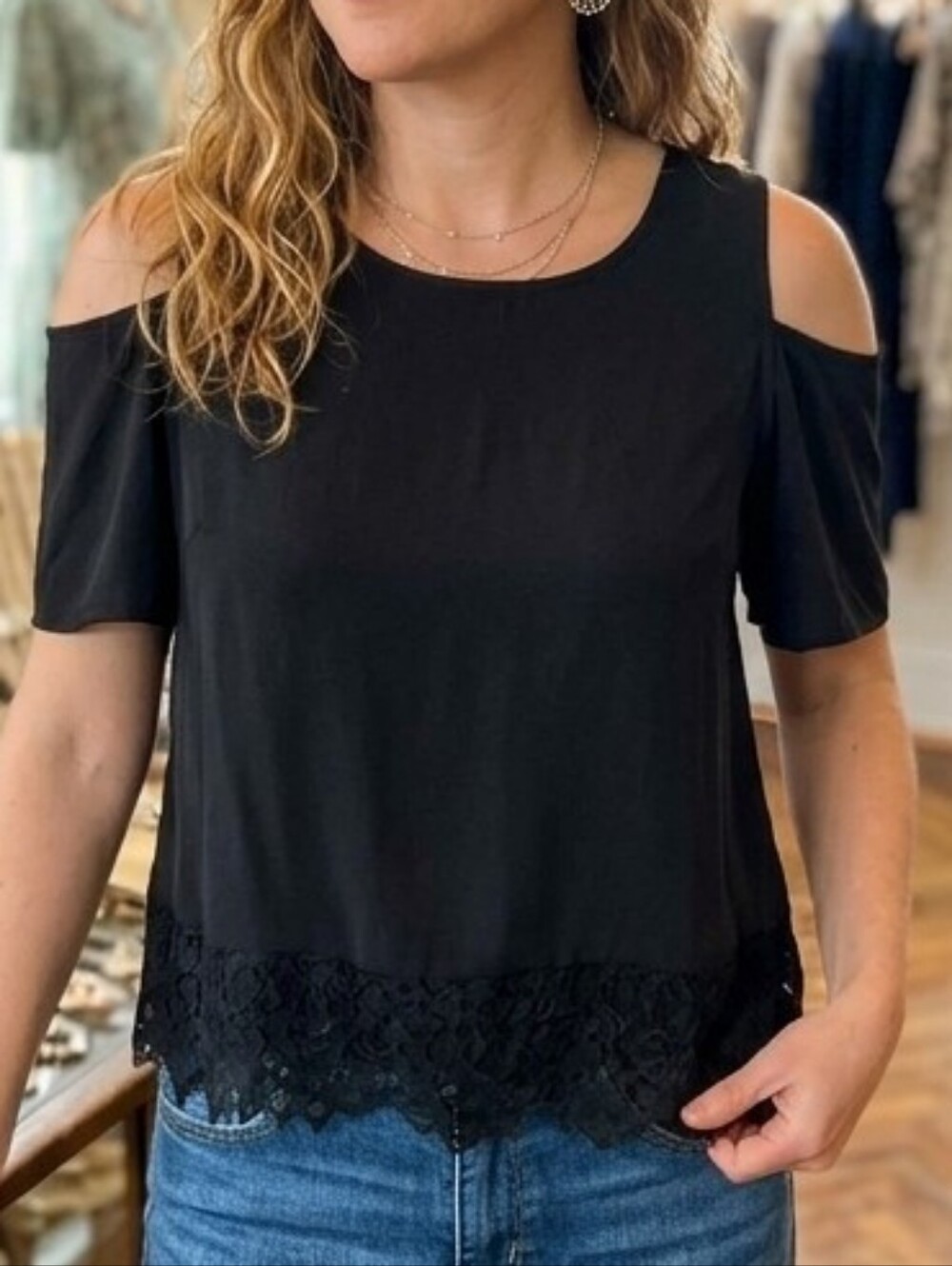 Madewell Black Silk Cold Shoulder Top with Lace Trim Women's Medium
